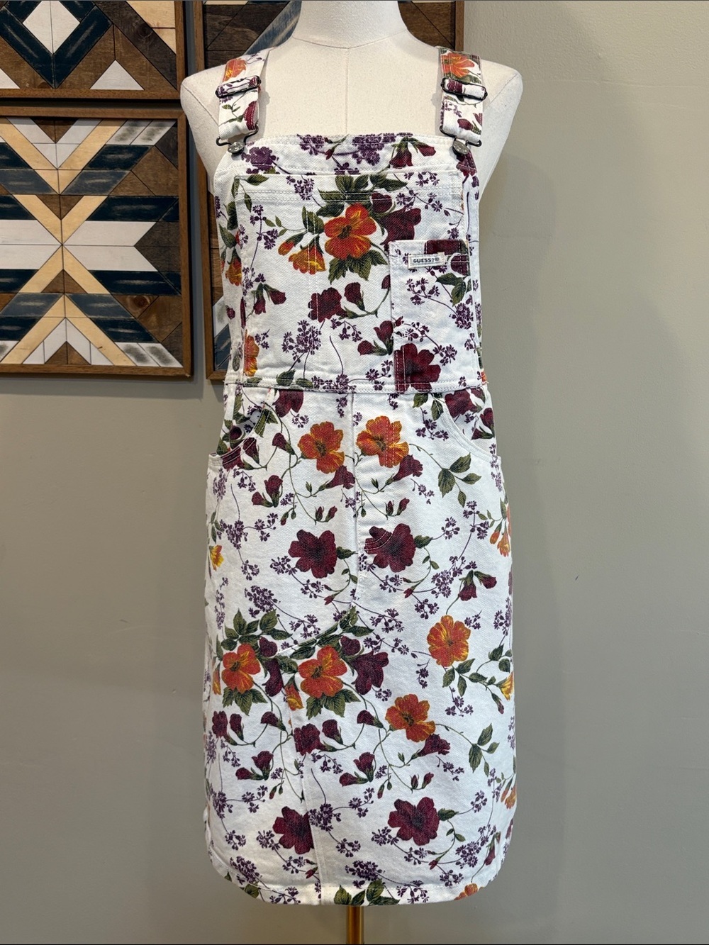 Vintage Guess 90s White Floral Cottagecore Denim Overall Dress S / M
